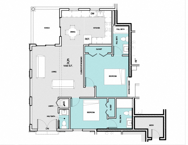 Floor plan for 2 beds, 2.5 baths, 1035 sqft